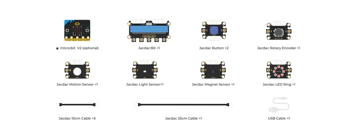 Contenido del kit Jacdac con módulos y cables; micro:bit opcional no incluida