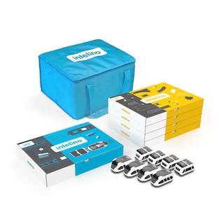 Pack de aula Intelino con cuatro trenes inteligentes, cajas de vías y bolsa de transporte